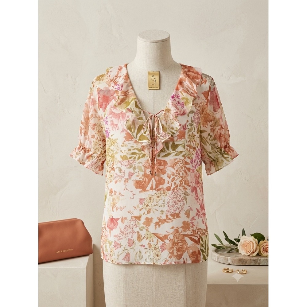 Joie Pink Floral Ruffle V-Neck Tie Blouse Short Sleeve Top NWT Size Medium